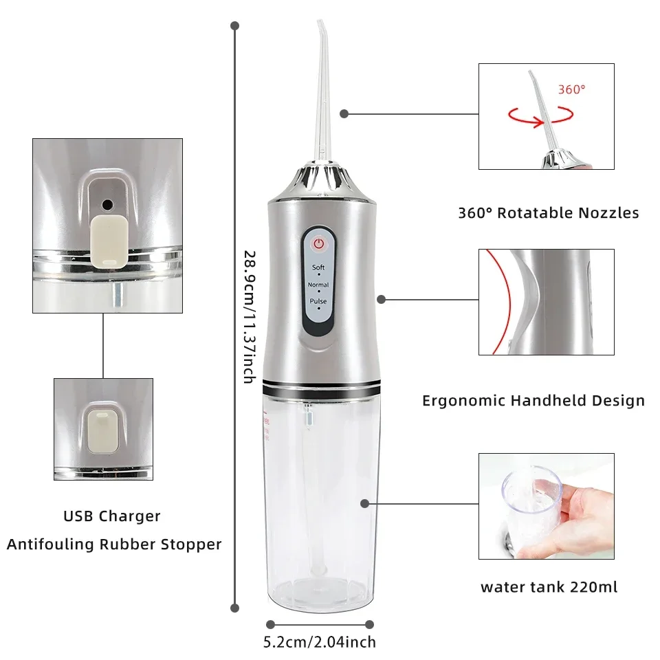 Oral Irrigator USB Rechargeable Water Flosser Portable Dental Water 4 Jet 220ML Water Tank Waterproof Teeth Cleaner