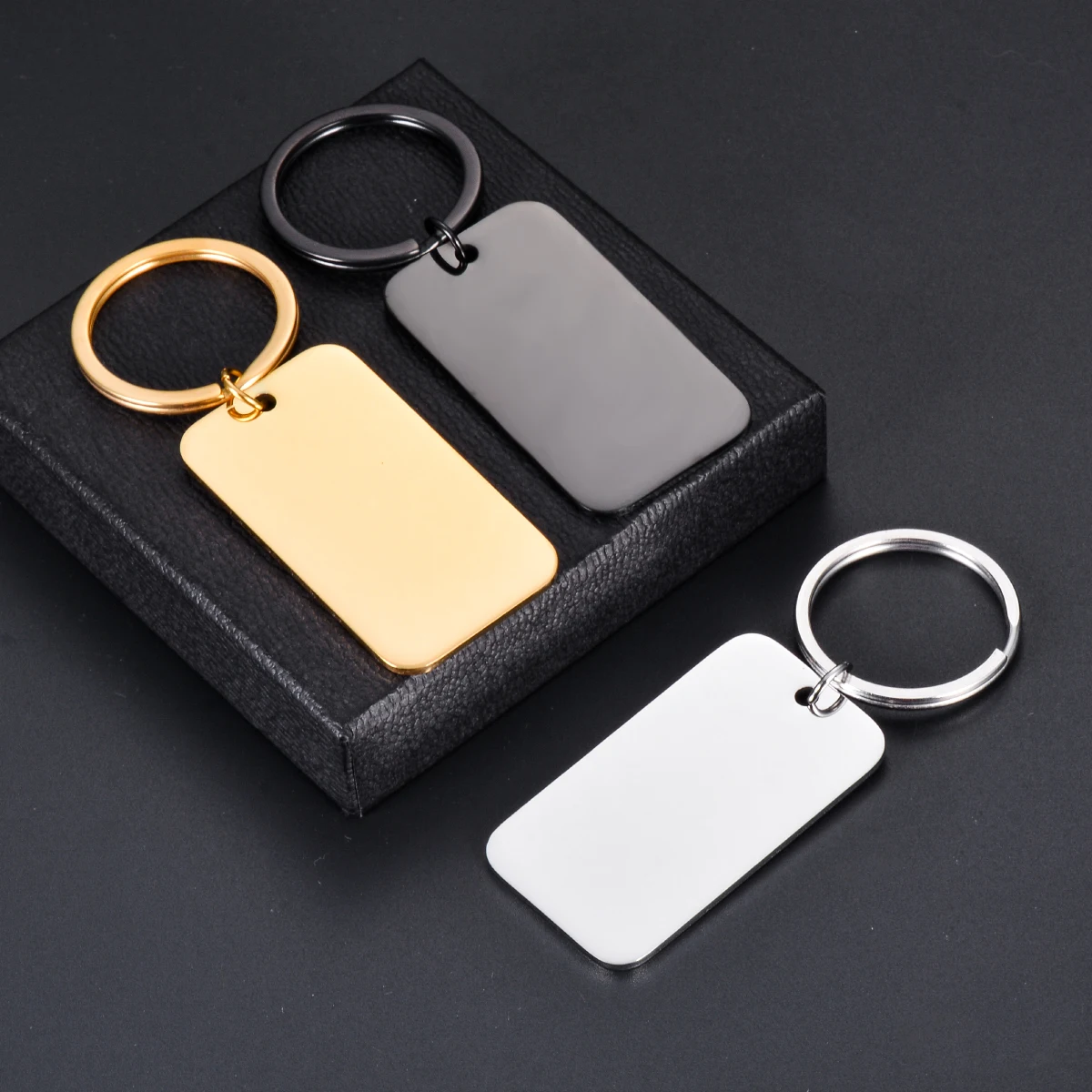 4PCS Blank Rectangle Tag Keychain Stainless Steel Charm Pendants For Necklaces Custom DIY Jewelry Making Key rings For Men Gift