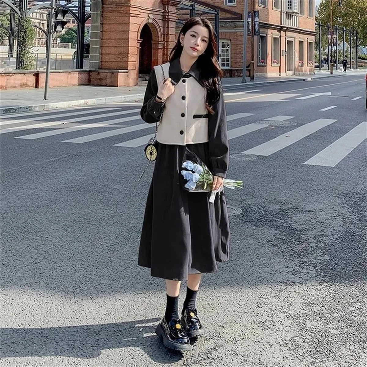 Trendy Fashion Long sleeved dress Women's suit Sense of design waistcoat fashion Long skirt two-piece set