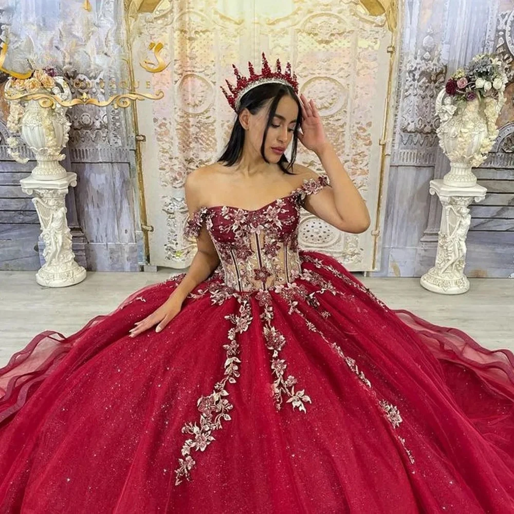 فساتين أميرة Quinceanera عنابي اللون ، ثوب حفلة ، زينة عارية الكتفين ، فساتين 16 متألقة ، 15 سنة ، مكسيكية