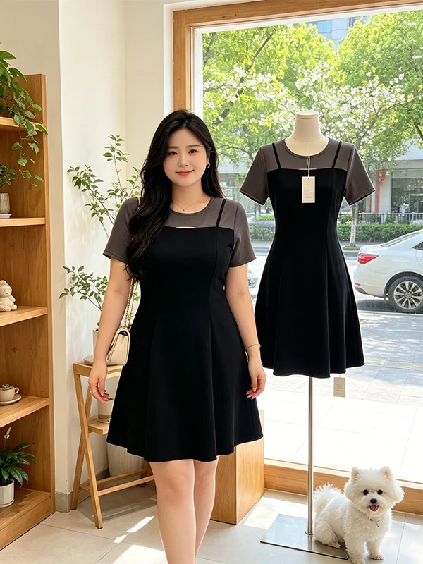 

Summer New plus Size Dress Splice Hollow out A-Line Skirt Short And Long Style KMM Commute Style Korean Version Casual Wear