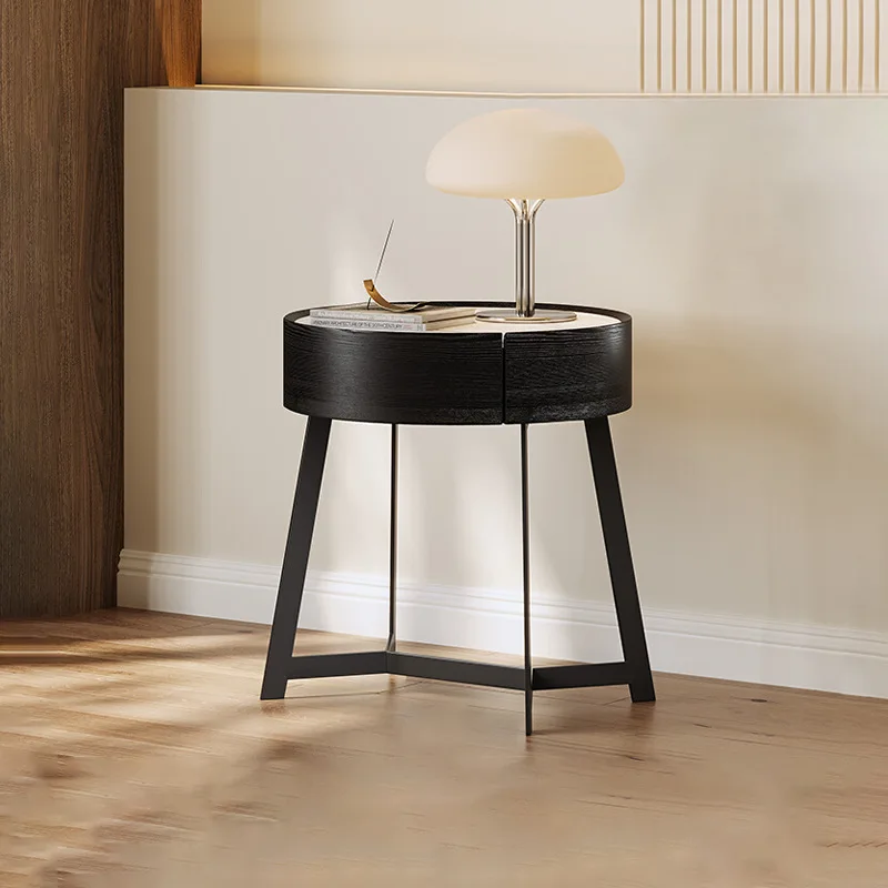 Italian minimalist rock slab bedside table Modern minimalist household bedroom Bedside table Smoked solid wood round locker
