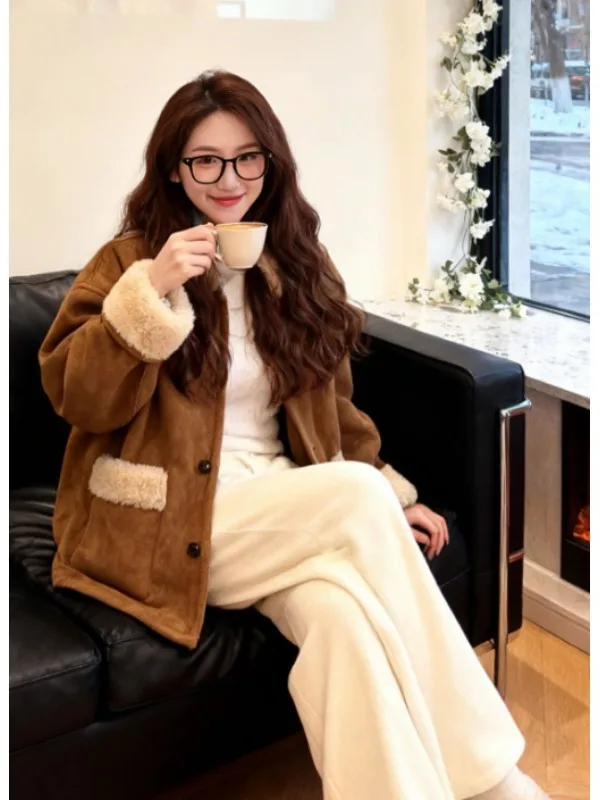 Retro Faion ort Fur Leather Coat Stand Collar Inteated Design ular Winter Outerwear for Women Travel Office Outdoor ...