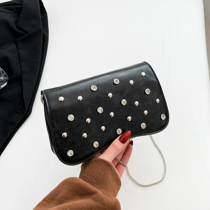 Women's Handbag One Shoulder Crossbody Bag New Fashionable and Versatile Spicy Girl Rhinestone Rivet Chain Personality