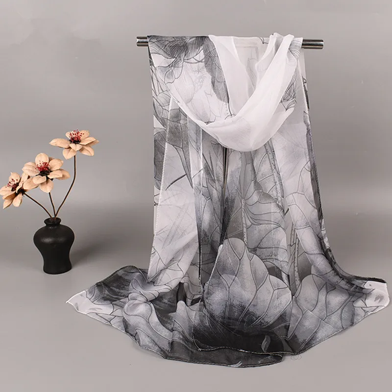Fashion Spring Summer Women Floral Printing Beach Silk Scarf Shawls Female Long Wraps Beach Sunscreen Hijab Lotus Pattern - view 6