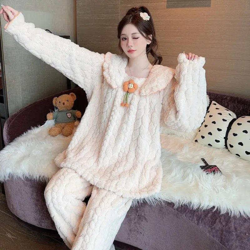 

Plus Size Long Sleeve Thick Warm Flannel Pajama Sets For Women Winter Korean Coral Velvet Sleepwear Pyjama Pijama Mujer Clothes