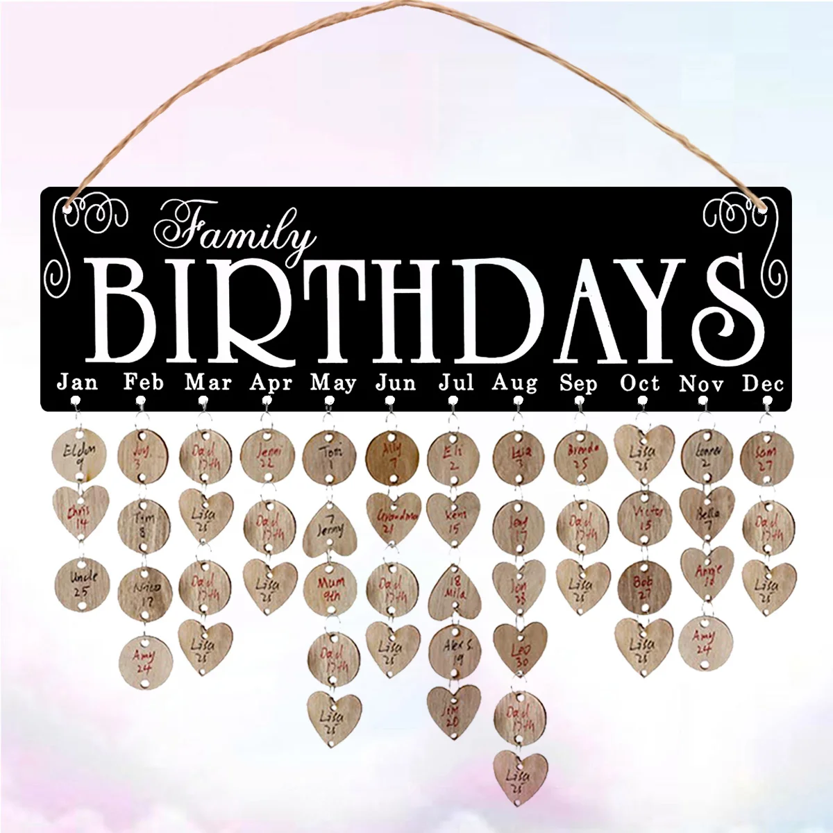 Placa de calendário diy de suspensão de madeira com corda de cânhamo placa de lembrete de madeira natural para decoração de casa ideia de presente de aniversário de casamento