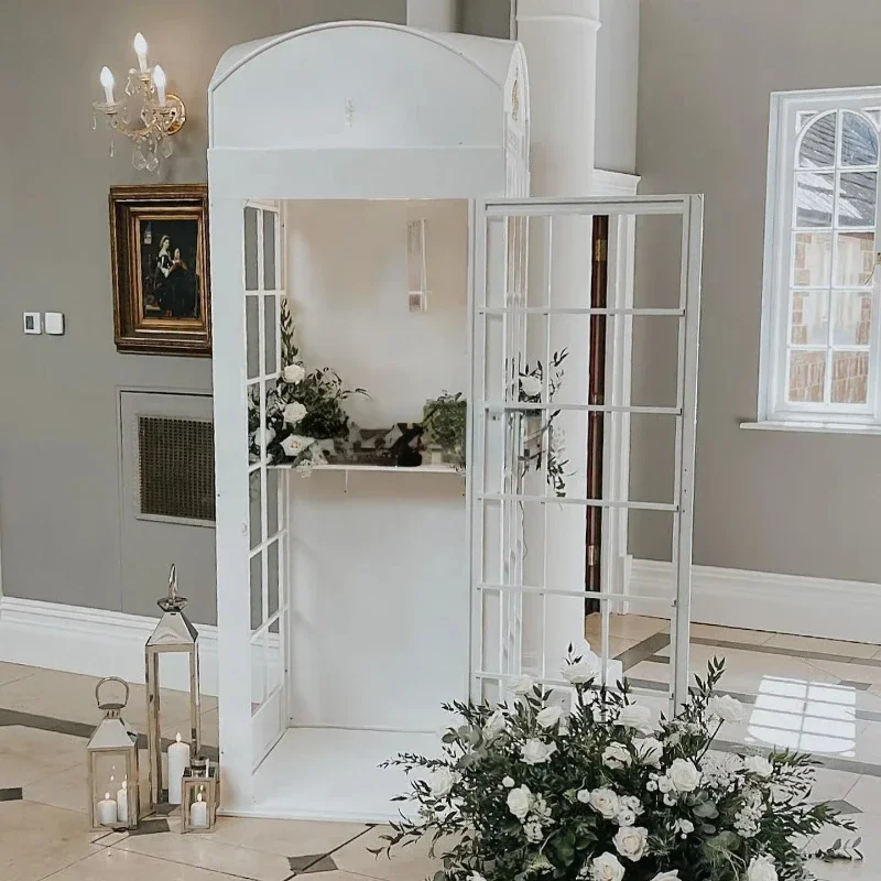 Retro White Phone Booth Wedding Decor Wedding Props White Telephone Booth with Artificial Flower