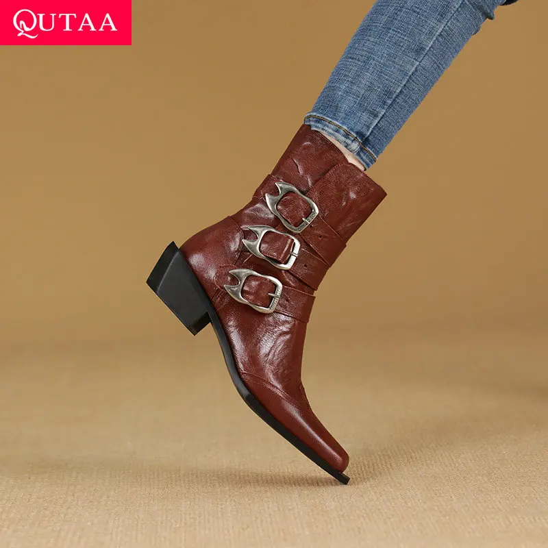 

QUTAA 2025 News Women Ankle Boots Square High Heels Metal Autumn Genuine Leather Pointed toe Winter Boots Shoes Size 34-39