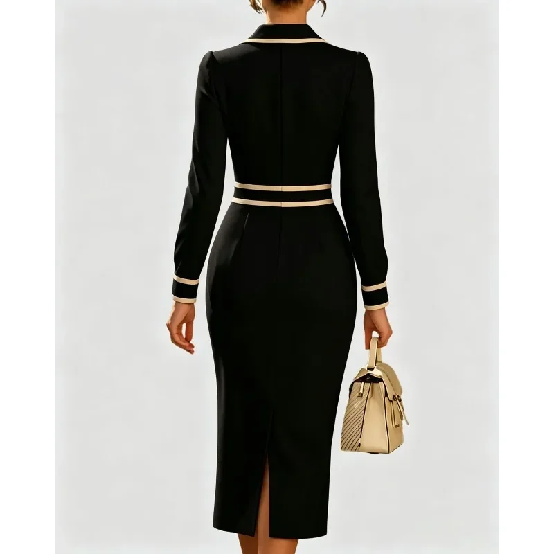 Mid-length Dress with An Elegant and Stylish Look for Commuting New Autumn Fashion Dress with A Contrasting Color Cinched Waist.