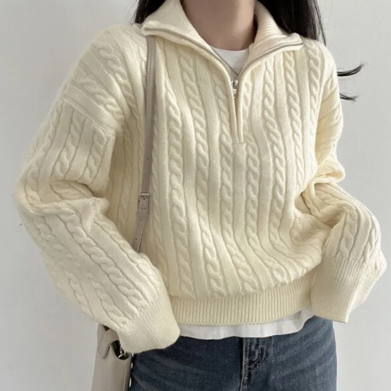 

South korea Chic Autumn Winter Niche Lapel Pullovers Half Zipper Hemp Pattern Loose All-Match Knit Sweater Outerwear Women