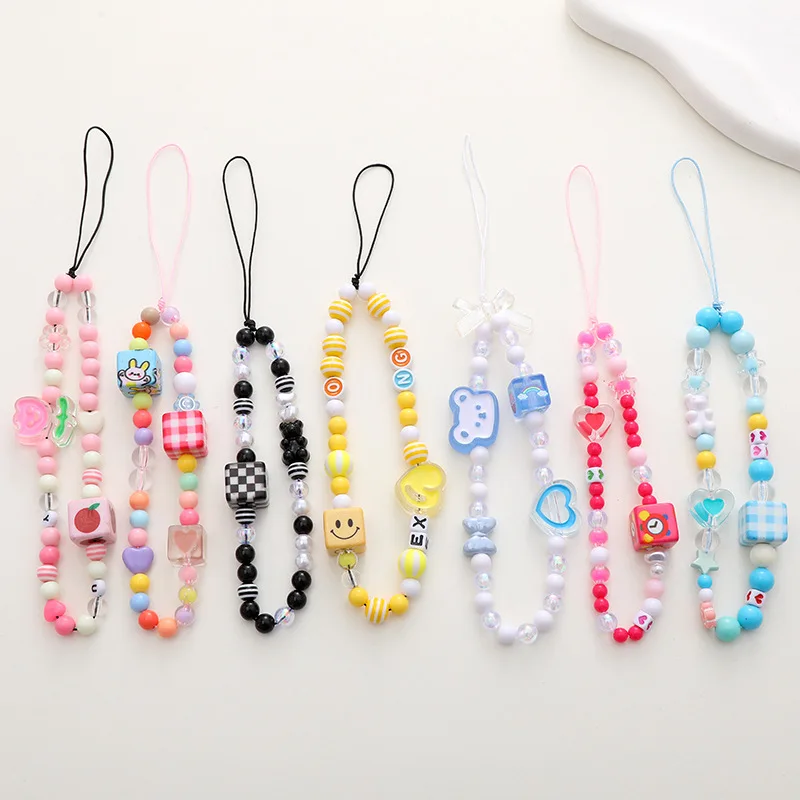 New candy color cartoon bear mobile phone chain DIY mobile phone case lanyard lanyard square plaid electroplated