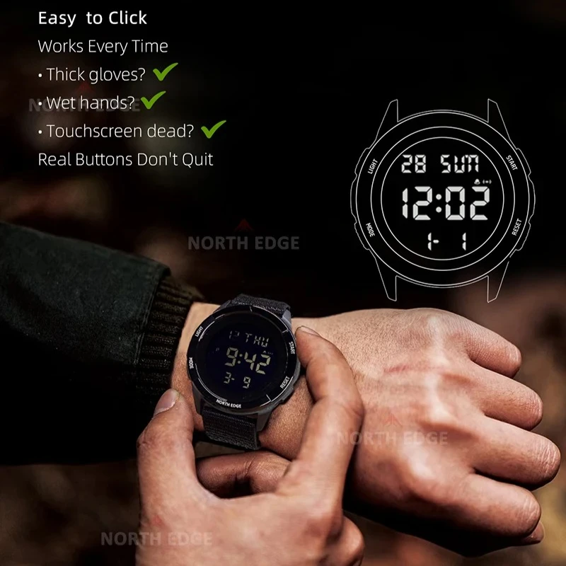 

North EDGE новые мужские цифровые военные часы TERRAX, спортивные часы для плавания на открытом воздухе, водонепроницаемые, 50 м, секундомер, световые часы с обратным отсчетом для мужчин