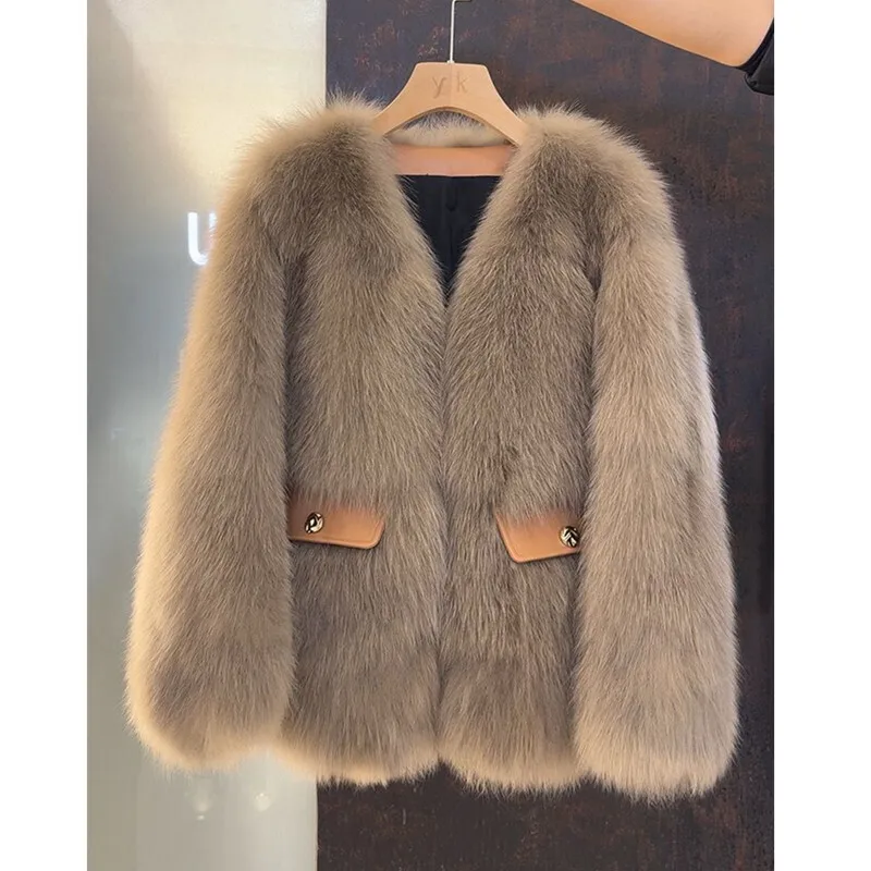 2025 outono e inverno nova feminina imitação de pele de raposa casaco moda manga longa com decote em v grosso quente jaqueta de pele feminina outerwear t777