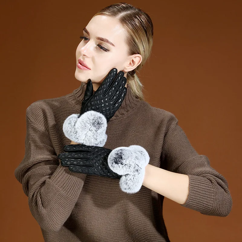 Women's winter thicken fleece lining glove lady's natural sheepskin leather glove checked plaid rabbit fur driving glove R275