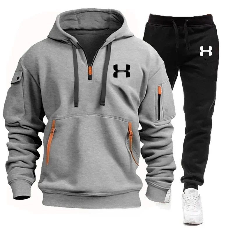 

Men's autumn and winter new zipper long sleeved hooded sweatshirt, sports and casual pants, two-piece fitness jogging suit