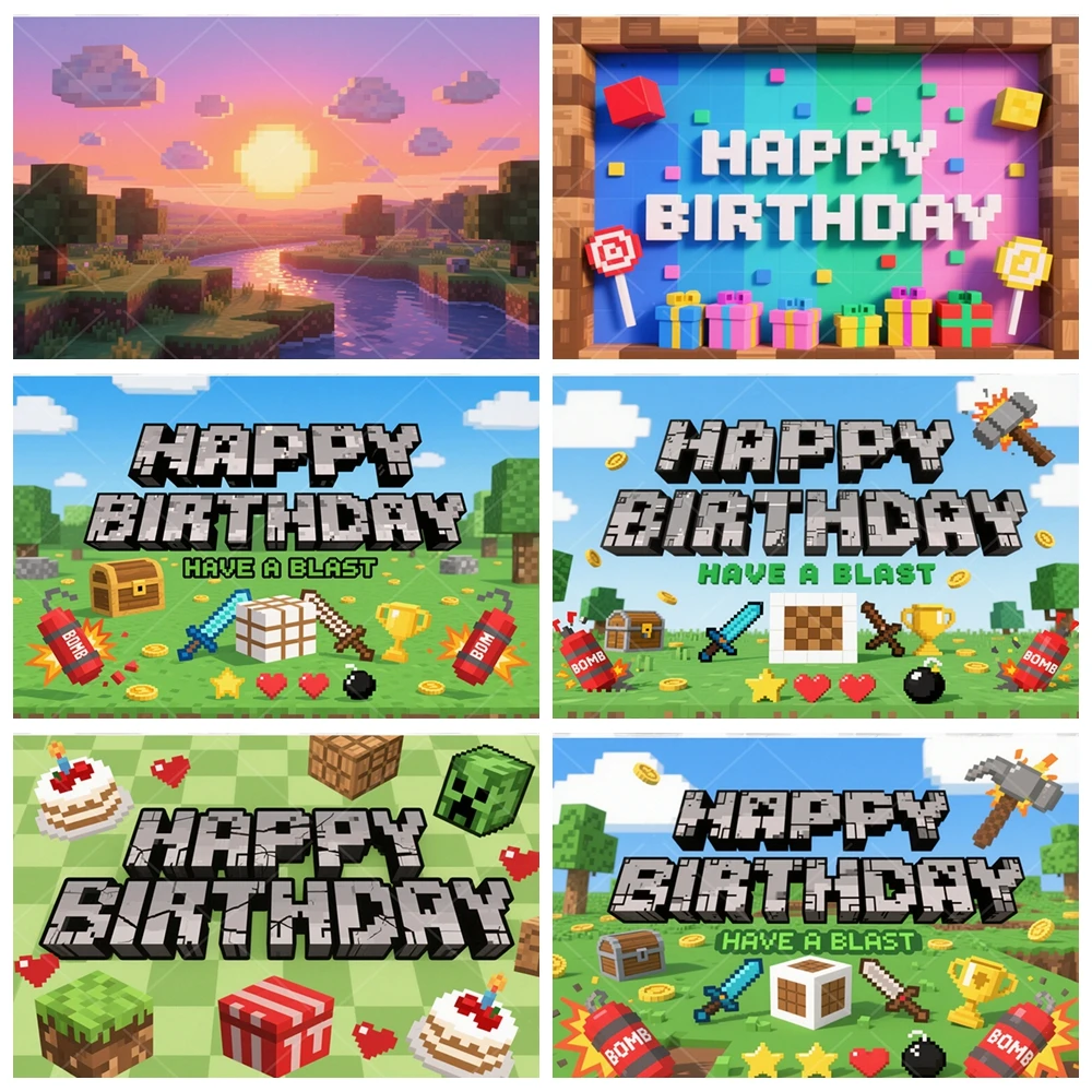 

Pixel Happy Birthday Decoration Backdrop Photography Game M-inecraft Mosaic Photocall Background Child Photo Studio Banner Props