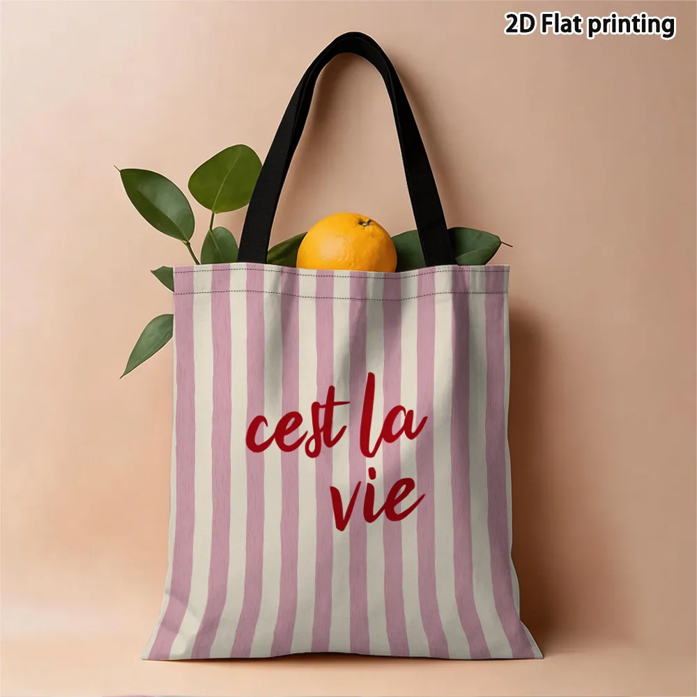 Flat Pink Striped Canvas Tote Bag Featuring Life Message Designed for Reuse Grocery Bags Side Printing Great for Daily Commuting