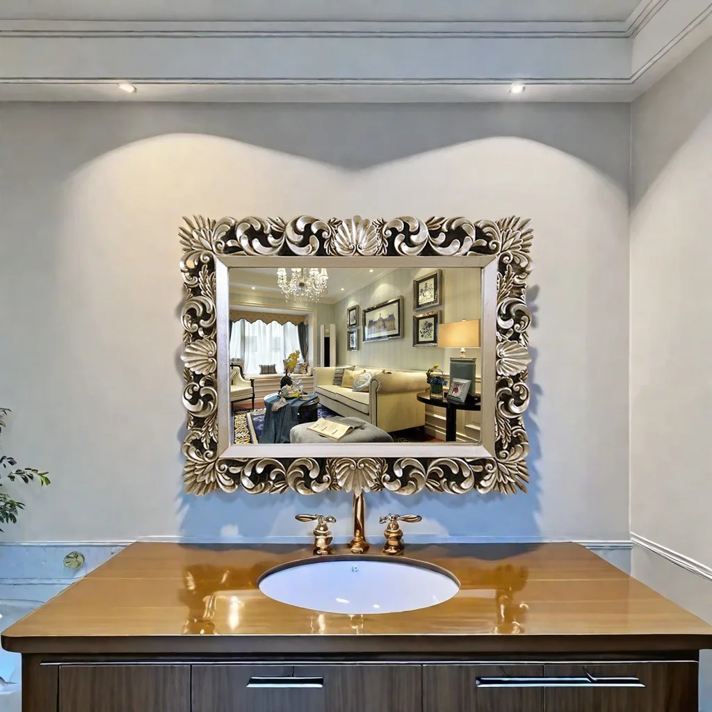 Vintage Carved Bathroom Mirror American Wall Mounted Toilet Square Mirror Fireplace Entrance Decorative Hanging Mirror Bathroom - view 3