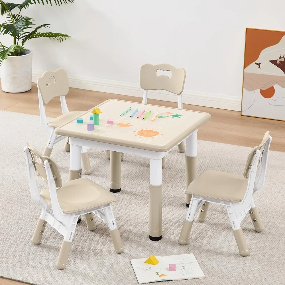 Kids Table and 4 Chairs, Height Adjustable Toddler Table and Chair Set, Graffiti Desktop, Multi-Activity Kids