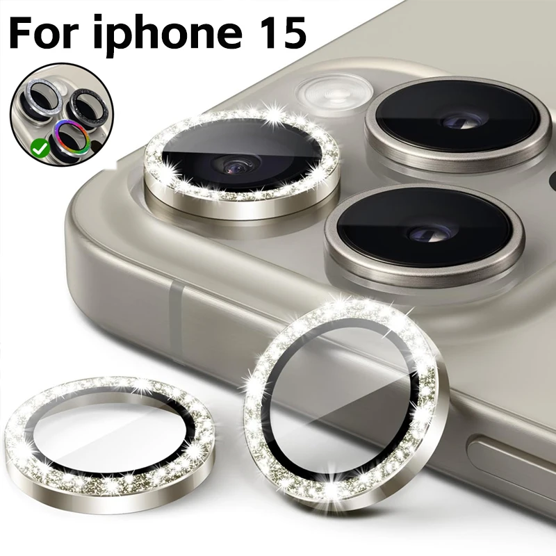 For iPhone 15Plus 15Pro Max 9H Glass Camera Protector Film Glitter Diamond Rhinestone Back Lens Tempered Glass Cover Metal Ring