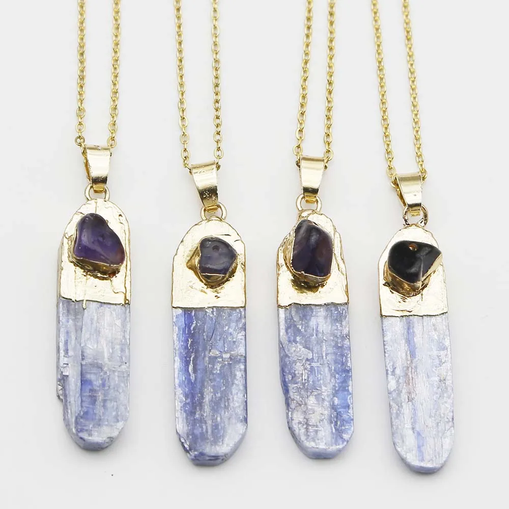 

Natural Stone Blue Crystal Strip Electroplating Gold Irregular Amethyst Pendant Stainless Steel Chain Necklace Jewelry Gift 4PCS