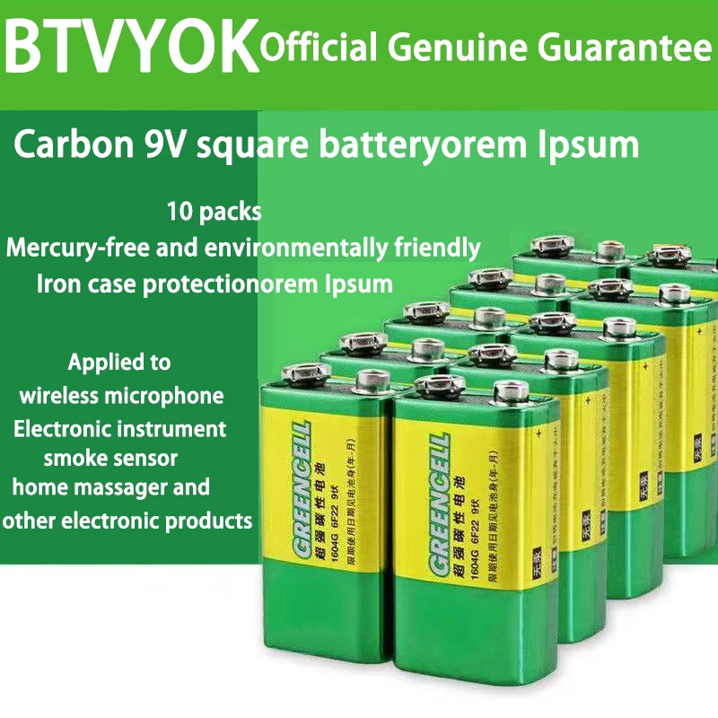 Brand new 9 Volt Battery 6F22/1604G Square Carbon Battery for Laminated Smoke Alarm Microphone Multimeter Toys etc.