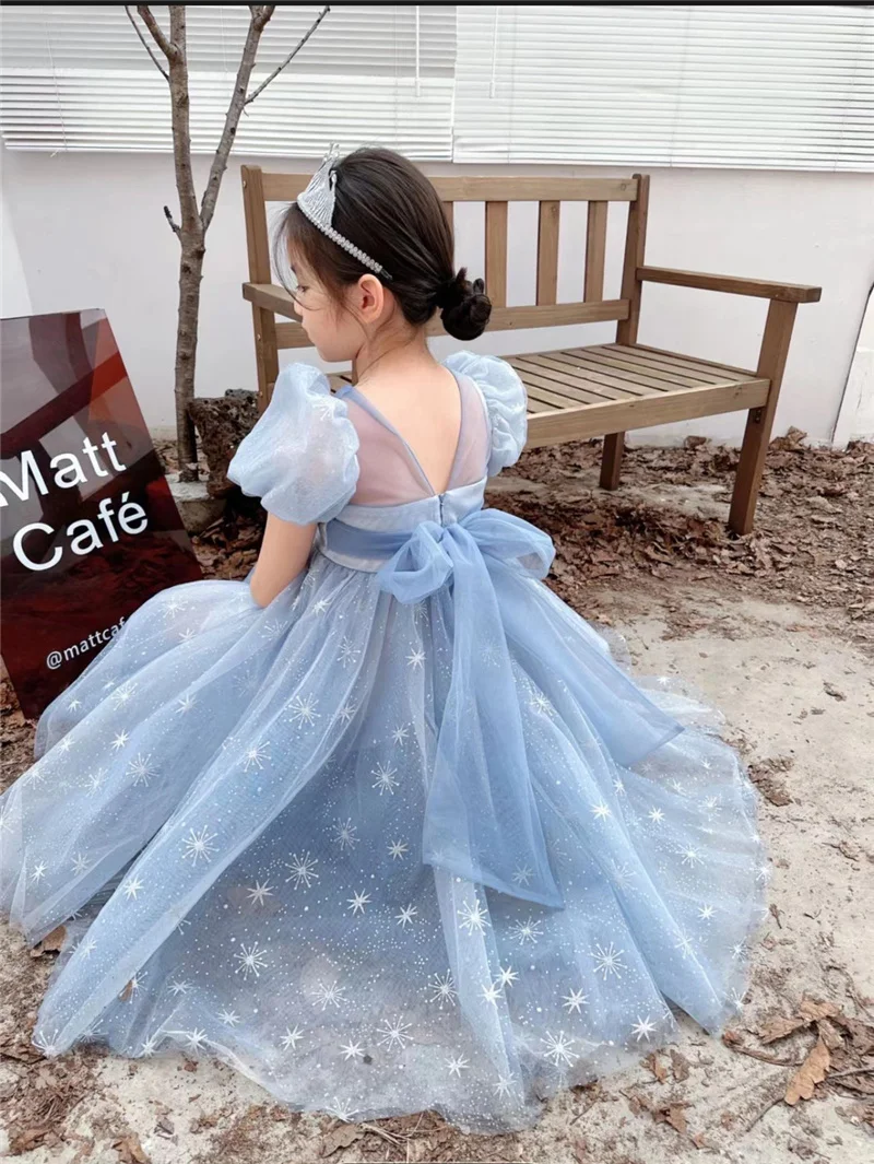 Girls Princess Long Dress Teen Fashion Bow Print Puff Sleeve Tutu Formal Party Gown Ball New Children Evening Dress 3-12 Years