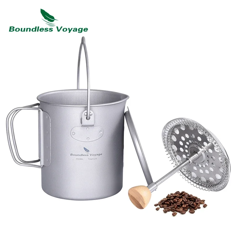 

Boundless Voyage 750ml Titanium Coffee Maker Pot with French Press Device Filter Outdoor Cooking Hanging Pot Tea Mug Teacups