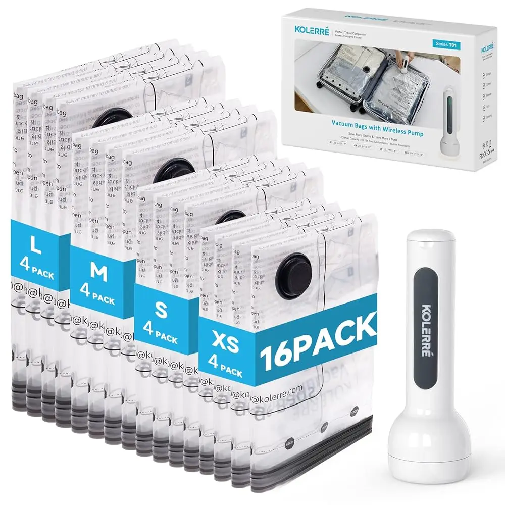 

Free Shipping16 Pack Travel Vacuum Bags with Upgraded Rechargeable Pump, 4 Sizes Space Saver Vacuum Storage Bags for Luggage an