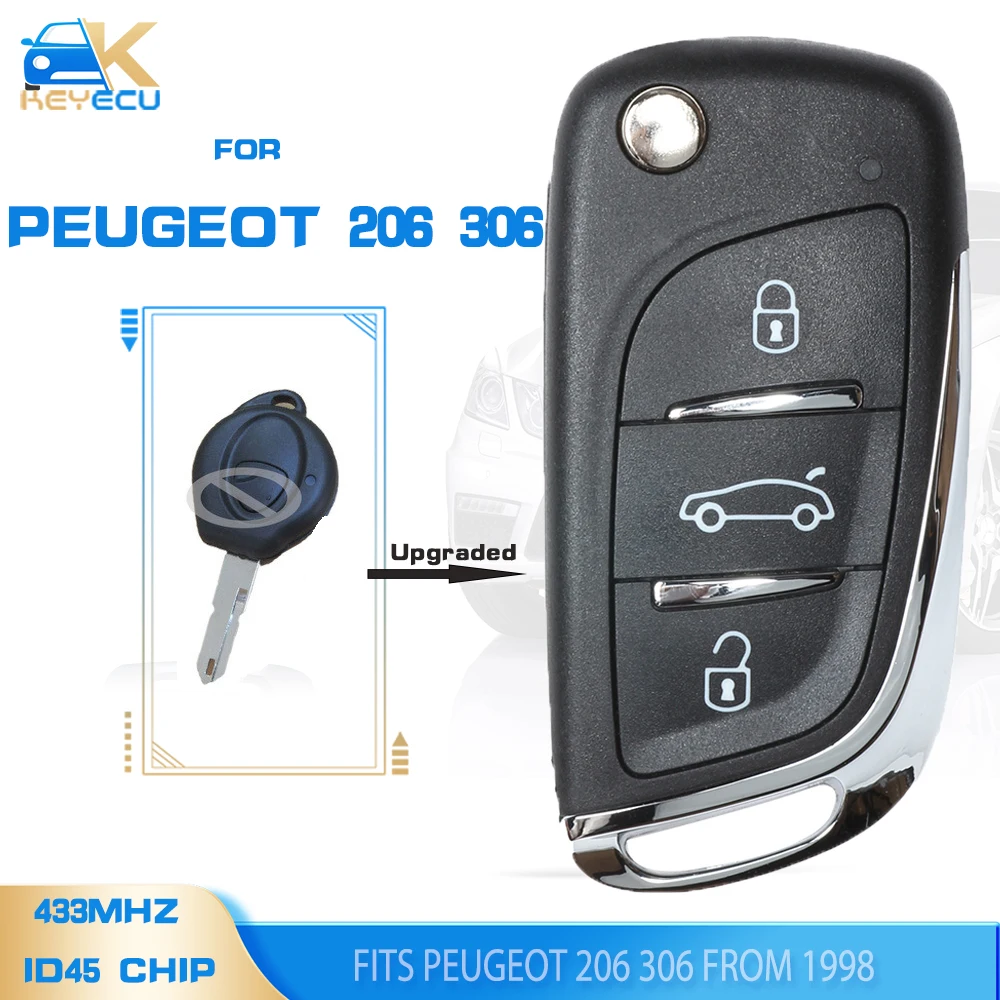 

KEYECU 434MHz ID45 Chip Upgraded Flip Remote Control Car Key Fob for Peugeot 206 306 from 1998 Uncut Blade