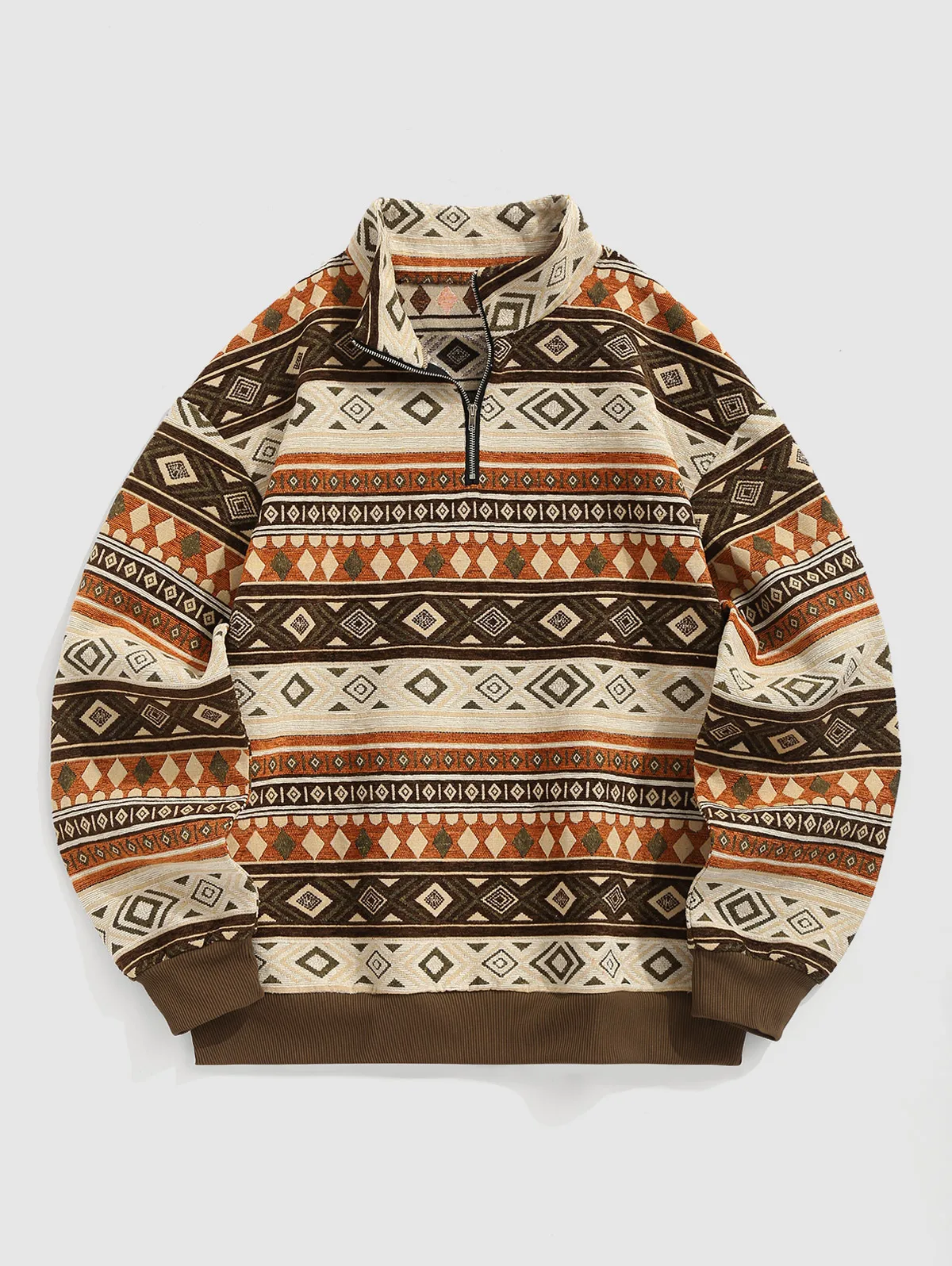 

ZAFUL Men's Ethnic Aztec Geometric Jacquard Flocking Quarter Zip Stand Collar Woolen Pullover Sweatshirt