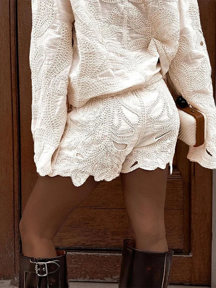 Casual Embroidery Shorts Sets Women Chic Hollow Out Loose Shirts Irregular  High Waist Shorts  Spring Lady Vacation Outfits