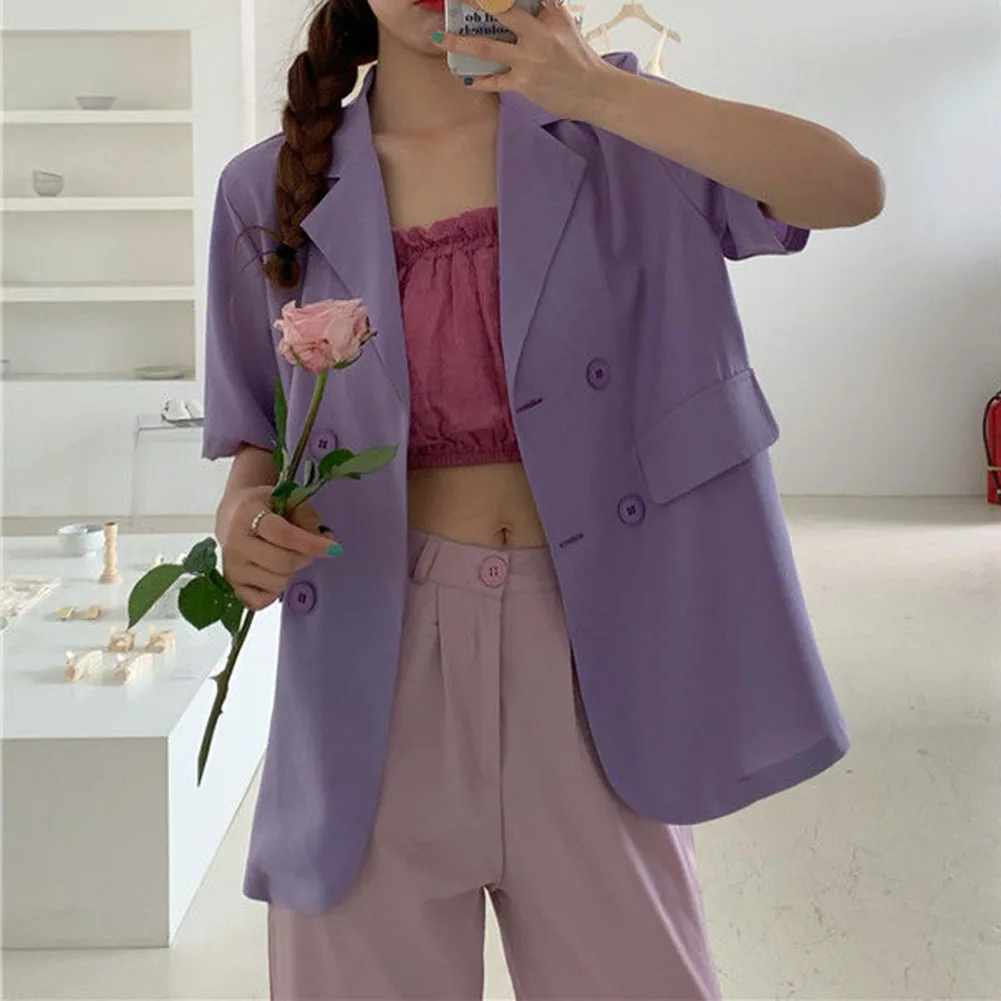 Female Tops Blazers Button Closure Lapel Loose Short Sleeve Single Breasted Turndown Collar Casual Daily Leisure