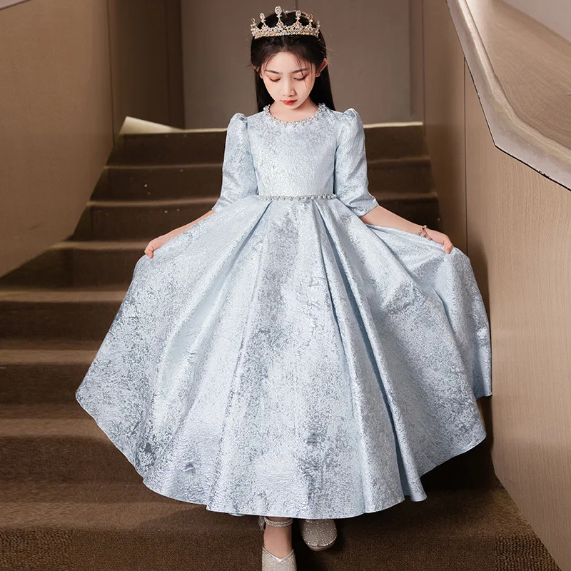 فستان فتاة الزهور المتواضع المخصص من It's Yiiya مزود بخرز أزرق ورقبة دائرية 3/4 أكمام وسحاب خلفي وطيات على شكل حرف a بطول الأرض فستان أطفال T110 #4