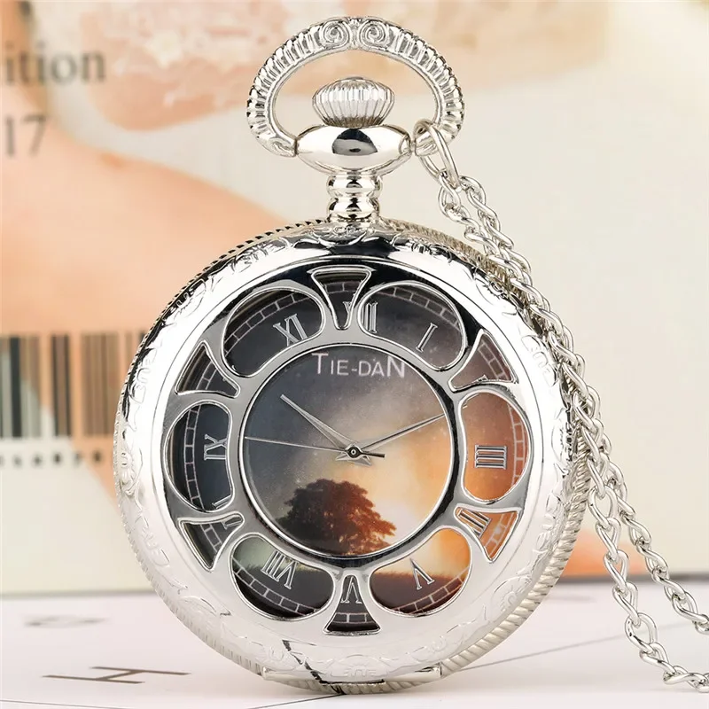 Silver Hollow Out Flower Case Roman Number Quartz Analog Pocket Watch for Men Women Necklace Sweater Chain Collectable Watches