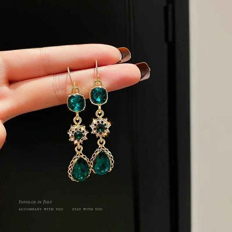 Korean Long Diamond Inlaid Emerald Ear Hook Earrings Water Drop Flowers Zircon Retro Earrings Elegant and Light Luxury Earrings