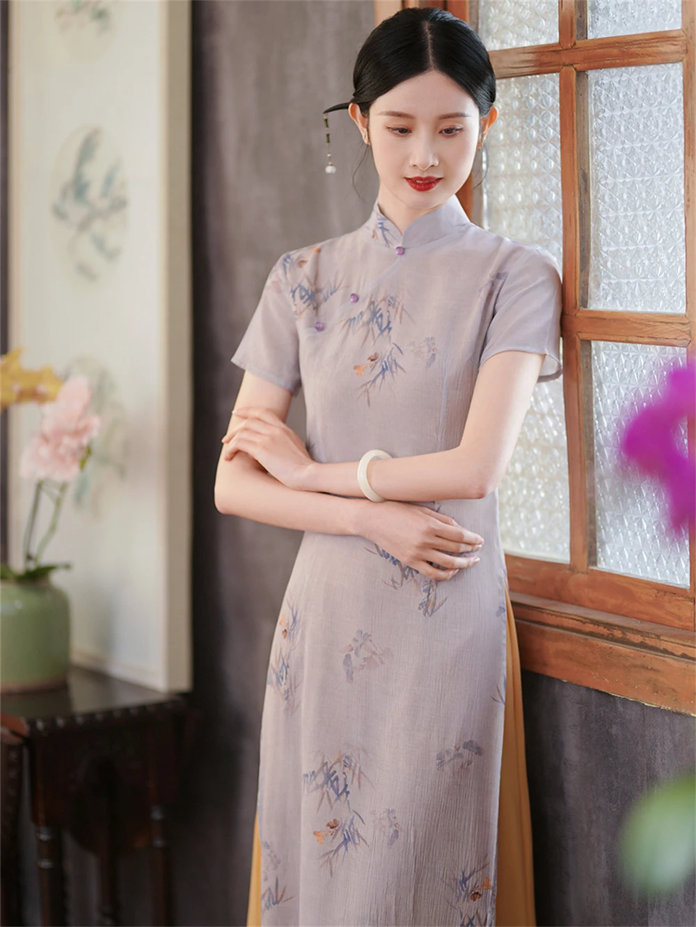 Light Purple Printed AoDai Cheongsam Female Summer New Chinese Improved Dress Tea Clothing Traditional Retro Long Qipao Vestidos