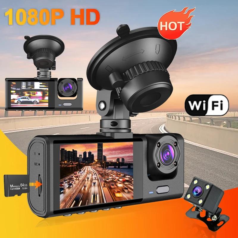 자동차 카메라 대시 캠, 자동차 DVR, 1080P 비디오 녹음기, 후방 카메라, 차량 블랙박스, 자동차 액세서리, 3 채널 WiFi 앱