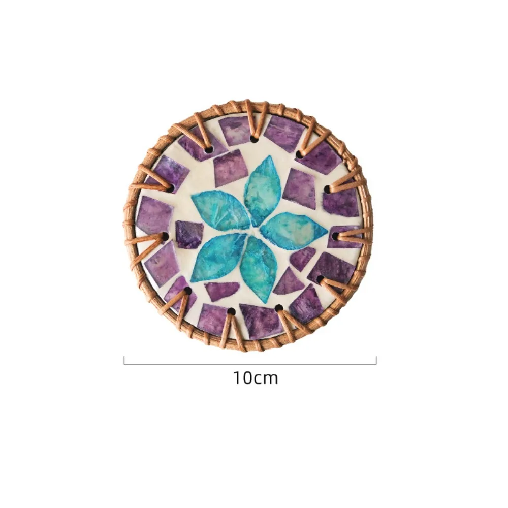 

Placemat 10cm Rattan Shell Cup Mat Round Colorful Seashell Cup Mat Bohemian Style Coaster Kitchen