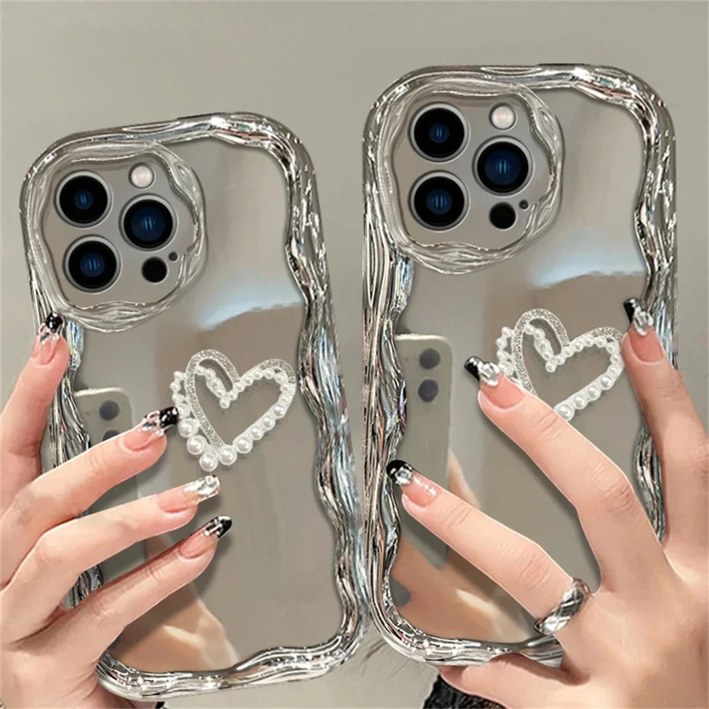 Luxury 3D Silver Pearl Heart Wavy Phone Case For iPhone 16 15 14 13 11 12 Pro Max Plus  7 8 Plus Soft Shockproof Cover