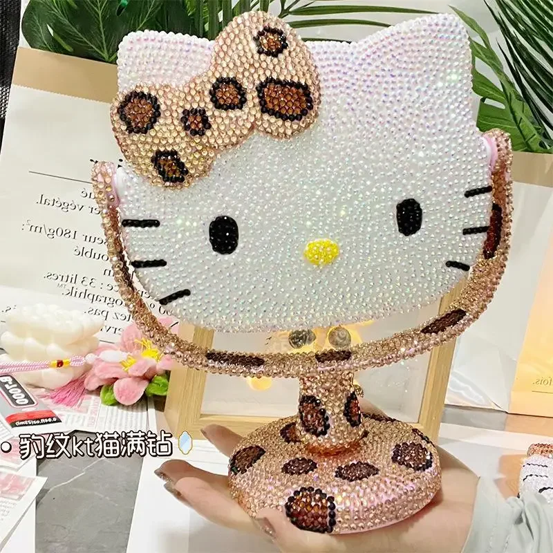 Kawaii Hello Kitty Cute Girls Room Desktop Makeup Mirror Diy Diamond Inlay Mirror Mirror Leopard Print Material Wrap Mirror