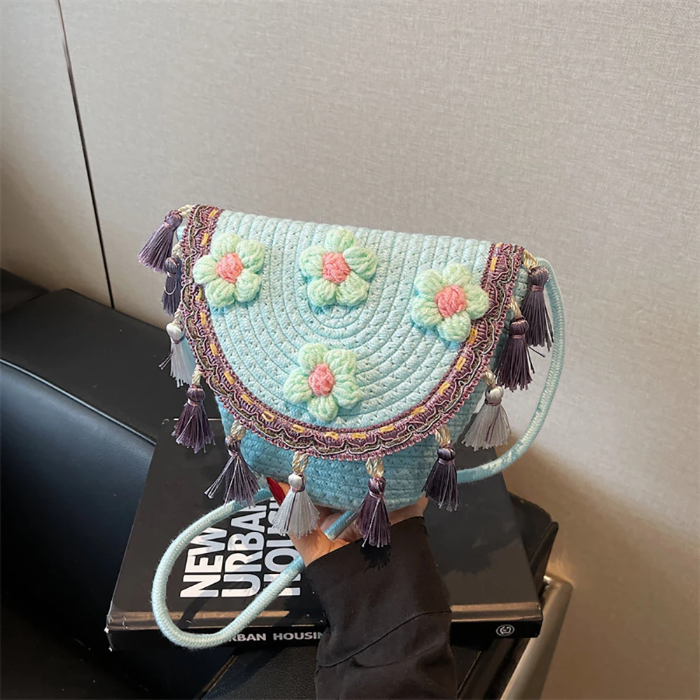 

Spring Summer Contrast Color Woven Crossbody Bag Women Casual Floral Tassel Buckle One Shoulder Bags Vacation Party Packs