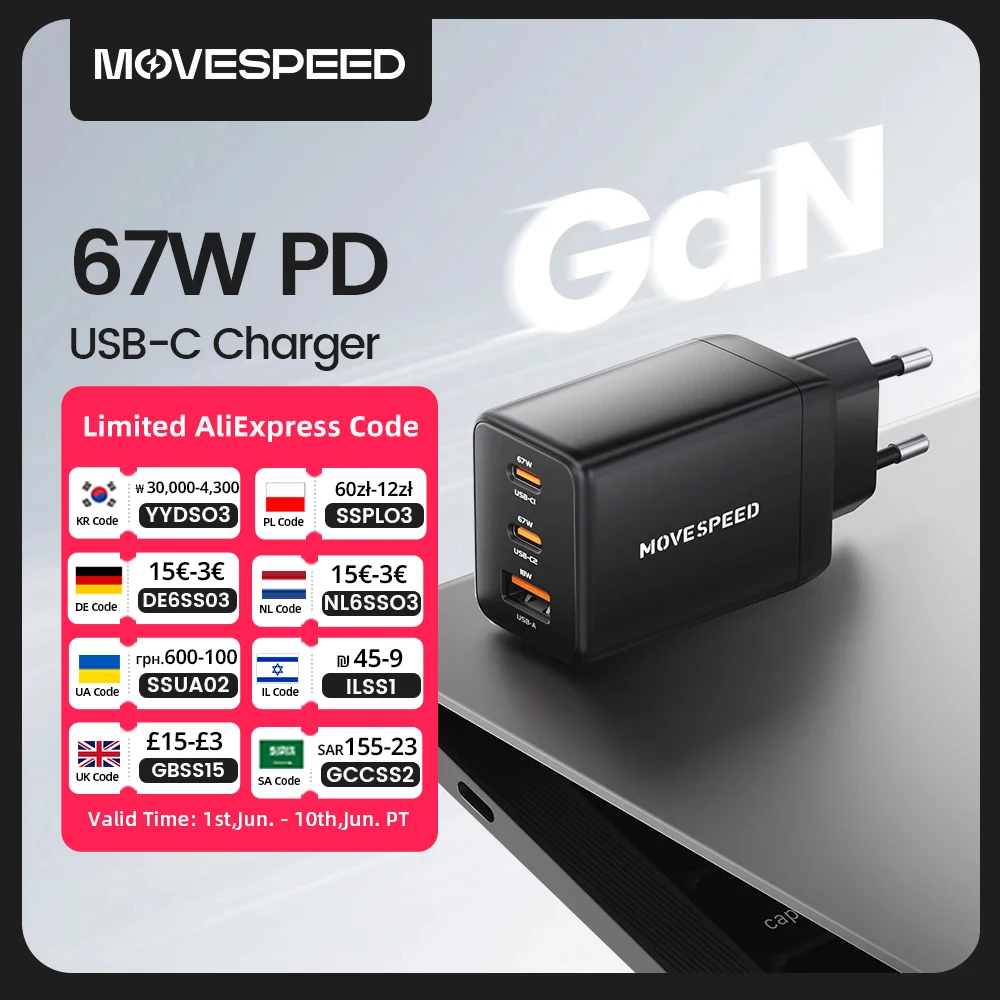 MOVESPEED 67W USB-C Charger Fast Charging 65W PD Type C PPS GaN Charger Adapter for iPhone 16 Pro MacBook Air Samsung S24 Huawei