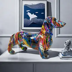 Colorful Dog Resin Statue Table Decor Graffiti Purple Dachshund Figurines Sculptures Home Living Room Cabinet Desk Decoration