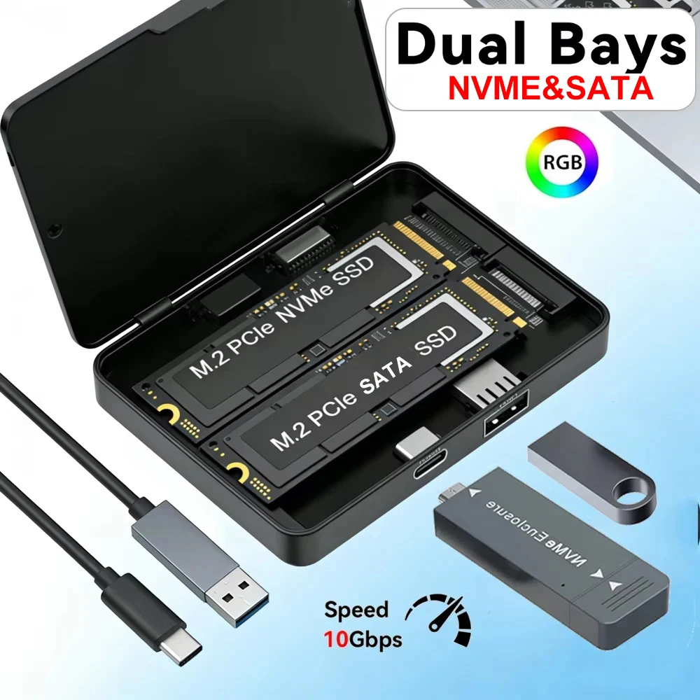 

Dual Bays M2 NVME SATA SSD Enclouse RGB 10Gbps PCIe NVME Docking Station USB3.2 GEN2 Solid State M.2Hard Disk Box Adapter for PC