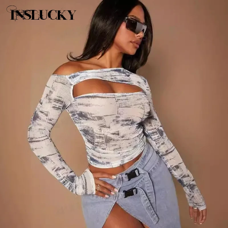 InsLucky Sexy Hollow Out Mesh See Through Print T Shirt Women Long Sleeve Skew Collar Crop Top Fashion Party Streetwear Tops