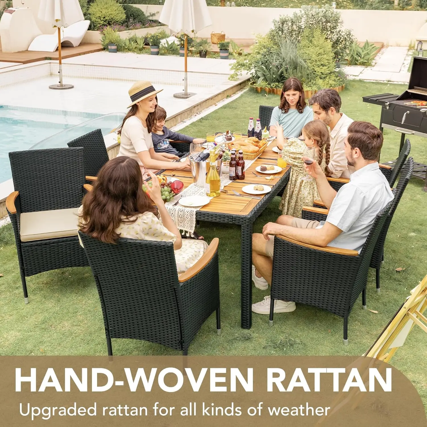 Devoko Set da pranzo per patio esterno Set tavolo da pranzo e sedie da esterno in vimini da 9 pezzi con piano in legno di acacia e braccioli allargati