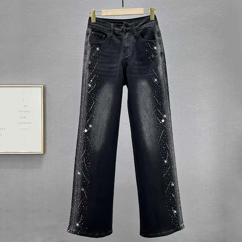 

Черные джинсовые прямые широкие брюки для женщин, новые осенние утягивающие брюки с высокой талией, горячее прессованное бриллиантовое длина в пол