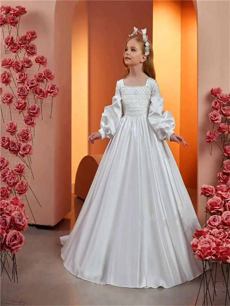 Flower Girl Dress Princess Ball Elegant Long-sleeved Satin White Angel First Communion Dresses Kids Surprise Birthday Present